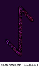 Rune Eihwaz. Ancient Scandinavian runes. Runes senior futarka. Magic, ceremonies, religious symbols. Predictions and amulets. Ornament lightning. Dark background, black runes, purple-red ornament Neon