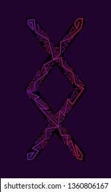 Rune Ingwaz. Ancient Scandinavian runes. Runes senior futarka. Magic, ceremonies, religious symbols. Predictions and amulets. Ornament lightning. Dark background, black runes, purple-red ornament 