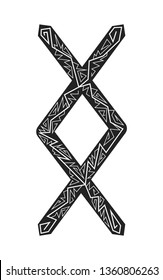 Rune Ingwaz. Ancient Scandinavian runes. Runes senior futarka. Magic, ceremonies, religious symbols. Predictions and amulets. Ornament lightning. White background, black runes and white ornament