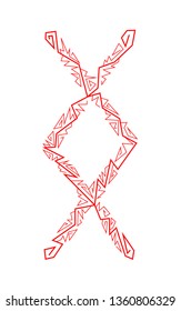 Rune Ingwaz. Ancient Scandinavian runes. Runes senior futarka. Magic, ceremonies, religious symbols. Predictions and amulets. White background and red ornament