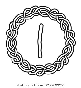 Rune Isa in a circle - an ancient Scandinavian symbol or sign, amulet. Viking writing. Hand drawn outline vector illustration for websites, games, engraving and print.