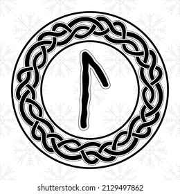 Rune Laguz in a circle - an ancient Scandinavian symbol or sign, amulet. Viking writing. Hand drawn outline vector illustration for websites, games, engraving and print.