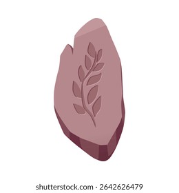 Rune with leaf old trace icon. Archeologic fossil dig. Vector flat illustration of ancient stone or clay. Runic rock with engraved plant symbol. Evolution rock prehistoric art
