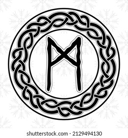 Rune Mannaz in a circle - an ancient Scandinavian symbol or sign, amulet. Viking writing. Hand drawn outline vector illustration for websites, games, engraving and print.