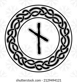 Rune Nautiz Nauthiz in a circle - an ancient Scandinavian symbol or sign, amulet. Viking writing. Hand drawn outline vector illustration for websites, games, engraving and print.