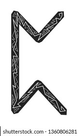 Rune Perth. Ancient Scandinavian runes. Runes senior futarka. Magic, ceremonies, religious symbols. Predictions and amulets. Ornament lightning. White background, black runes and white ornament