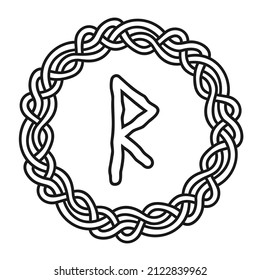 Rune Raido in a circle - an ancient Scandinavian symbol or sign, amulet. Viking writing. Hand drawn outline vector illustration for websites, games, engraving and print.