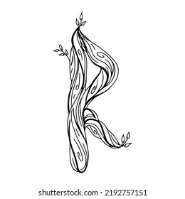 Rune Raido. Wooden doodle style. Magic amulet of travelers, roads, ways. Forward movement. Wheel. Elder Futhark. The alphabet is Nordic and Northern. Viking letters. Magic tattoo.