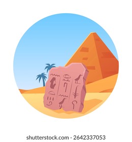 Rune with sacred script on desert landscape with sand dunes and pyramid. Archeologic fossil dig. Vector flat illustration of ancient stone. Rock with engraved symbols. Evolution rock prehistoric art