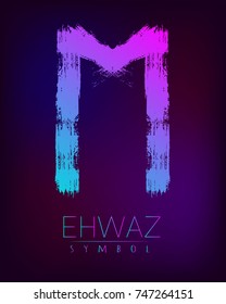 Rune Scandinavia is a Ehwaz riches vector illustration. Symbol of Futhark letters. Brush stripes with trend gradient blue pink color on blur dark background. Magic and mystery sign. Spiritual.