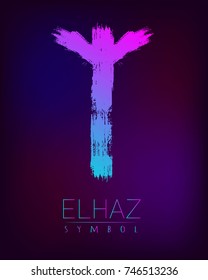 Rune Scandinavia is a Elhaz riches vector illustration. Symbol of Futhark letters. Brush stripes with trend gradient blue pink color on blur dark background. Magic and mystery sign. Spiritual