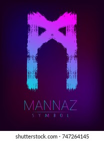 Rune Scandinavia is a Mannaz riches vector illustration. Symbol of Futhark letters. Brush stripes with trend gradient blue pink color on blur dark background. Magic and mystery sign. Spiritual.