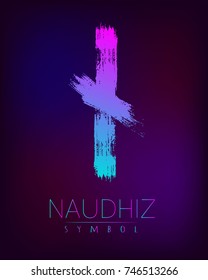 Rune Scandinavia is a Naudhiz riches vector illustration. Symbol of Futhark letters. Brush stripes with trend gradient blue pink color on blur dark background. Magic and mystery sign. Spiritual