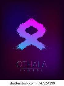 Rune Scandinavia is a Othala riches vector illustration. Symbol of Futhark letters. Brush stripes with trend gradient blue pink color on blur dark background. Magic and mystery sign. Spiritual.