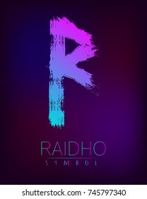 Rune Scandinavia is a Raidho riches vector illustration. Symbol of Futhark letters. Brush stripes with trend gradient blue pink color on blur dark background Magic and mystery sign. Spiritual esoteric
