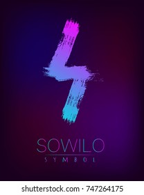 Rune Scandinavia is a Sowilo riches vector illustration. Symbol of Futhark letters. Brush stripes with trend gradient blue pink color on blur dark background. Magic and mystery sign. Spiritual.