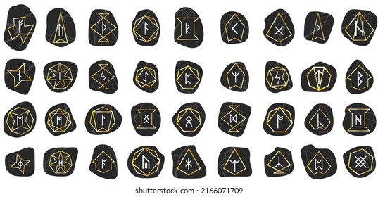 Rune. Set of Doodle Black Texture Stone with Gold Gradient Frame. Mystical, Esoteric, Occult, Magic Glyphs. For Game Interface.