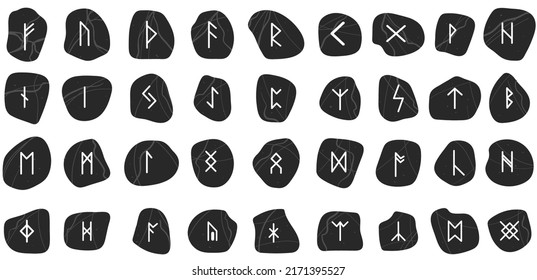 Rune. Set of Doodle Black Texture Stone. Mystical, Esoteric, Occult, Magic Glyphs. For Game Interface.