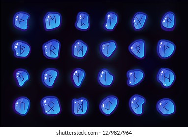 Rune set of letters, runes alphabet. Shiny square stones with fantastic symbols. Runes on the rocks in different colors. Game design beautiful elements.