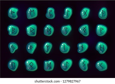 Rune set of letters, runes alphabet. Shiny square stones with fantastic symbols. Runes on the rocks in different colors. Game design beautiful elements.