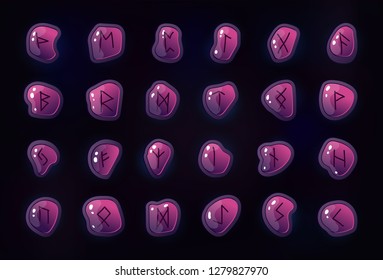 Rune set of letters, runes alphabet. Shiny square stones with fantastic symbols. Runes on the rocks in different colors. Game design beautiful elements.