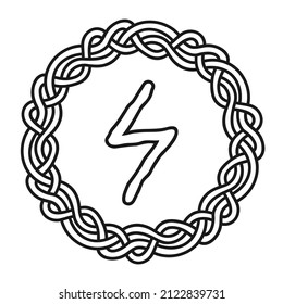 Rune Sowilo Sowulo in a circle - an ancient Scandinavian symbol or sign, amulet. Viking writing. Hand drawn outline vector illustration for websites, games, engraving and print.