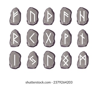 Rune Stone setzen Symbole für Magie, heiliges Drehbuch im Cartoon-Stil einzeln auf weißem Hintergrund. Sammlungsskandinavische Briefe mit okkultistischen Buchstaben 