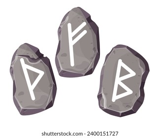 Rune stone set norse magic game symbols,sacred script in cartoon style isolated on white background. Collection scandinavian letters occult letters 