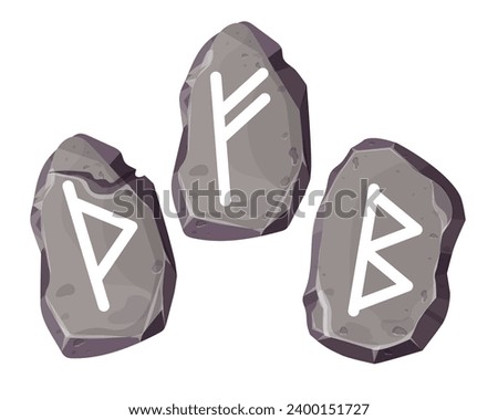 Rune stone set norse magic game symbols,sacred script in cartoon style isolated on white background. Collection scandinavian letters occult letters 