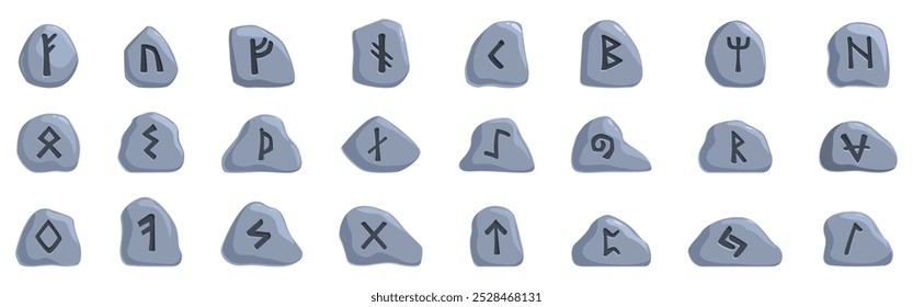 Conjunto de ícones de Rune stones. Conjunto de pedras runas com caracteres do alfabeto nórdico antigo gravados neles, representando o significado místico e histórico da cultura viking