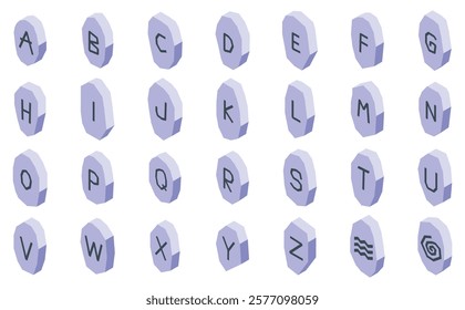  Rune stones icons set. Set of isometric rune stones alphabet with english letters and symbols, isolated on white background