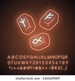 Rune stones neon light icon. Scandinavian, nordic runestones. Viking alphabet stones with runic inscription. Rune reading, fortune telling. Glowing alphabet, numbers. Vector isolated illustration