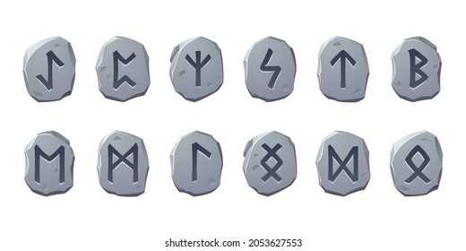 Rune stones with sacred glyphs for game design isolated on white background. Vector cartoon set of ancient stones with engraved magic signs, scandinavian runic characters