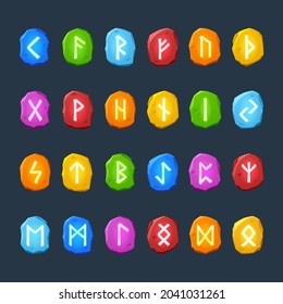 Rune stones with white sacred glyphs for game design isolated on dark background. Vector cartoon set of colored stones with shiny magic signs, scandinavian runic characters