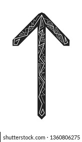 Rune Teiwaz. Ancient Scandinavian runes. Runes senior futarka. Magic, ceremonies, religious symbols. Predictions and amulets. Ornament lightning. White background, black runes and white ornament