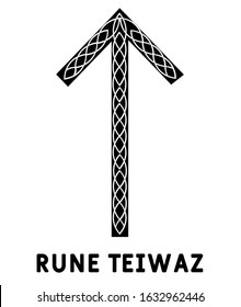 Rune Teiwaz. Ancient Scandinavian runes. Runes senior futarka. Magic, ceremonies, religious symbols. Predictions and amulets. Ornament lightning. White background, black runes and white ornament