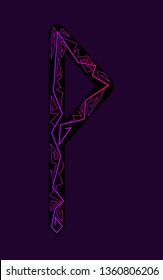 rune Wunjo. Ancient Scandinavian runes. Runes senior futarka. Magic, ceremonies, religious symbols. Predictions and amulets. Ornament lightning. Dark background, black runes, purple-red ornament Neon 