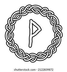 Rune Wunjo in a circle - an ancient Scandinavian symbol or sign, amulet. Viking writing. Hand drawn outline vector illustration for websites, games, engraving and print.