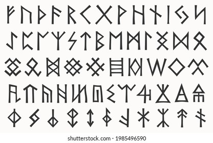 Runes. Complete collection of runic letters, which were used in Germanic languages. Ancient magic signs of Nordic culture. Scandinavian futhark, Anglo-Saxon variant futhorc and several abstract runes.
