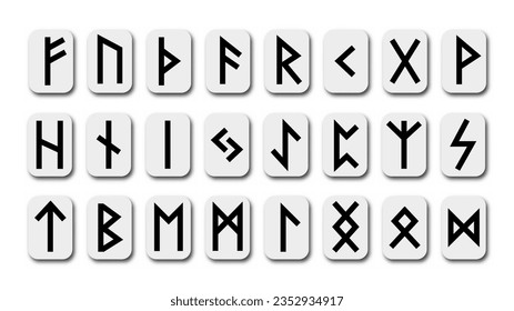 Runes. Complete collection of runic letters, which were used in Germanic languages. Ancient magic signs of Nordic culture. Scandinavian futhark, Anglo-Saxon variant futhorc and several abstract runes.