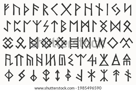 Runes. Complete collection of runic letters, which were used in Germanic languages. Ancient magic signs of Nordic culture. Scandinavian futhark, Anglo-Saxon variant futhorc and several abstract runes. Foto stock © 