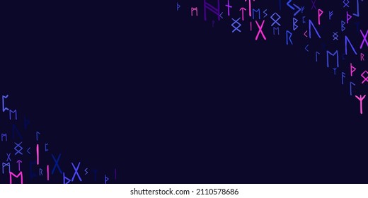 Runes ethnic pattern. Runic alphabet, Futhark. Ancient norse occult symbols, colorful pink, blue vikings letters on dark blue background, rune font. Vector illustration