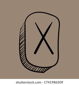 Runes. Futhark. Stone. Divination. Ancient occult and magic symbols. Scandinavian witchcraft. Runic alphabet meanings. Viking letters. Amulet. Hand drawn effect. Line art. Black icon. Vector EPS 10.