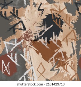 Runes. Hand drawn runic letters seamless pattern. Magic signs and symbols of Nordic culture. Abstract brush strokes vector background. Mystical backdrop. Drawing runes. Scratched grunge texture.