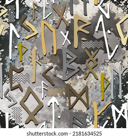 Runes. Hand drawn runic letters seamless pattern. Magic signs and symbols. Abstract vector background with zigzag lines, runes. Mystical dirty rough esoteric backdrop. Drawing runes.  Grunge texture.