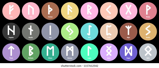 Runes. Multicolored runic alphabet. Old Norse, Icelandic, German and Anglo-Saxon. Vector round symbols. Sign, icon. Fehu; Uruz; Ansuz; Raidu