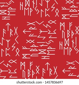 The runes of the older futarka in a seamless pattern. The Scandinavian ancient alphabet and magical miswar. Suitable for background and site design or maps. Red background