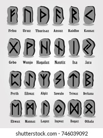 Runes script. Set of old norse scandinavian runes carved in stone. Runic alphabet ,futhark. Ancient occult symbols, germanic letters on white. Vector illustration.