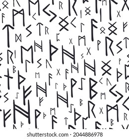 Runes seamless ethnic pattern. Runic alphabet, Futhark. Ancient norse occult symbols, black vikings letters on white, rune font. Design for fabric, wallpaper, scrapbook, wrapping. Vector illustration