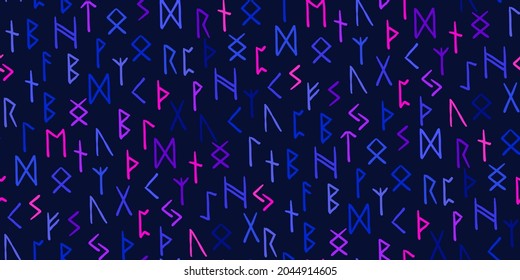 Runes seamless ethnic pattern. Runic alphabet, Futhark. Ancient norse occult symbols, bright vikings letters on dark blue, rune font. Design for fabric, wallpaper, scrapbook, wrapping. Vector